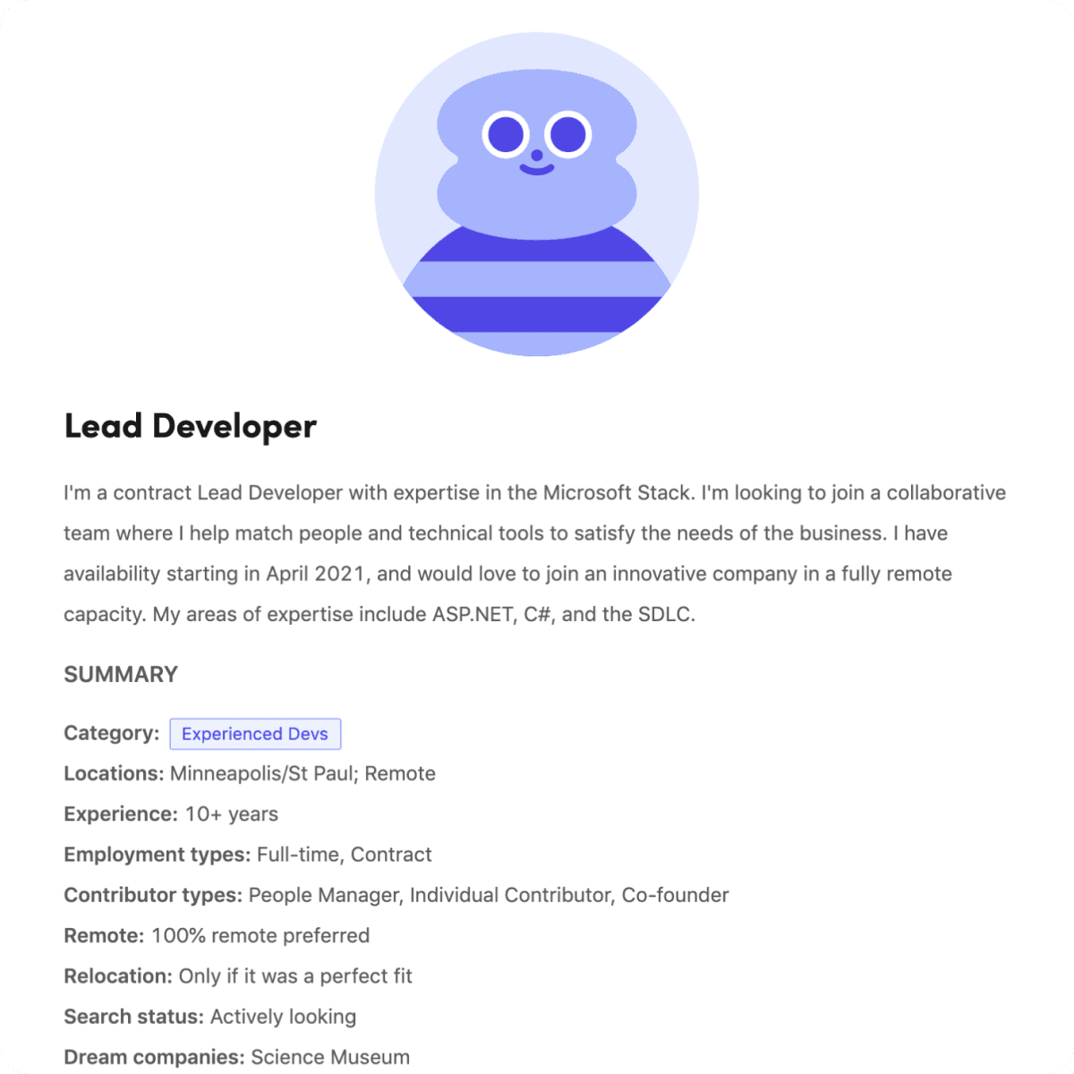 Anonymous job seeker profile